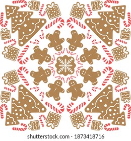 Christmas and New Year decorative vector seamless pattern. White background with hand drawn gingerbread man, xmas tree, gift box and candy cane cookies on white background.