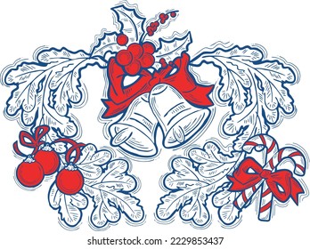 Christmas and New Year decorative vector elements collection,  design composition for greeting card, party invitation, border, banner, background. Hand drawn illustration, cartoon retro style drawing.