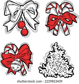 Christmas and New Year decorative vector elements collection,  design composition for greeting card, party invitation, border, banner, background. Hand drawn illustration, cartoon retro style drawing.