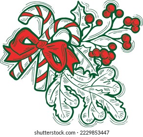 Christmas and New Year decorative vector elements collection,  design composition for greeting card, party invitation, border, banner, background. Hand drawn illustration, cartoon retro style drawing.