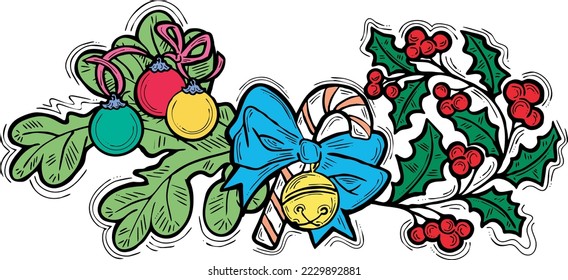 Christmas and New Year decorative vector elements collection,  design composition for greeting card, party invitation, border, banner, background. Hand drawn illustration, cartoon retro style drawing.