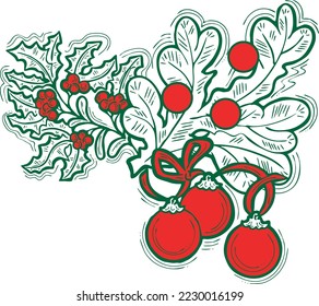 colección de elementos vectoriales decorativos de Navidad y Año Nuevo, composición de diseño para tarjeta de saludo, invitación de fiesta, borde, banner, fondo. Ilustración dibujada a mano, dibujo de estilo retro de dibujos animados.