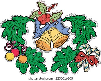 Christmas and New Year decorative vector elements collection,  design composition for greeting card, party invitation, border, banner, background. Hand drawn illustration, cartoon retro style drawing.