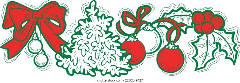 Christmas and New Year decorative vector elements collection,  design composition for greeting card, party invitation, border, banner, background. Hand drawn illustration, cartoon retro style drawing.
