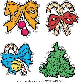 Christmas and New Year decorative vector elements collection,  design composition for greeting card, party invitation, border, banner, background. Hand drawn illustration, cartoon retro style drawing.