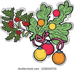 Christmas and New Year decorative vector elements collection,  design composition for greeting card, party invitation, border, banner, background. Hand drawn illustration, cartoon retro style drawing.