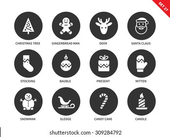 Christmas and New Year decorative vector icons set. Holiday items for festive design, christmas tree, gingerbread man, deer, santa, mitten, snowman, candy cane and sledge. Isolated on white background