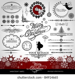 Christmas and New Year decorative vector set, silhouettes of Santa Claus and fairy, calligraphic elements, vintage and retro ornaments, banners, text, dividers with snowflakes and stars for design