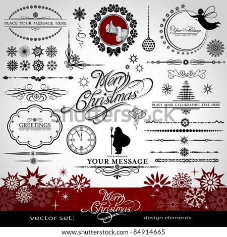 Christmas and New Year decorative vector set, silhouettes of Santa Claus and fairy, calligraphic elements, vintage and retro ornaments, banners, text, dividers with snowflakes and stars for design