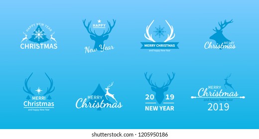 Christmas and New Year Deer. Set of holiday logo, emblems, signs, symbols and stickers. Holiday decoration elements. Vector typography collection with silhouettes of deer, horn, tree and snowflakes.