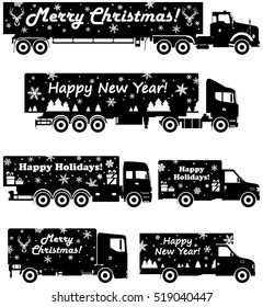 Christmas and New Year delivery. Set of different silhouettes of delivery trucks on white background. Vector illustration.