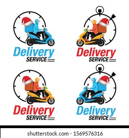 Christmas and New year Delivery symbol, Delivery man riding motorcycle icon symbol for Christmas and New year, Vector illustration