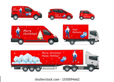 Christmas and New Year Delivery Truck. Christmas Shopping and Winter Holiday. Logistics and Delivery concept. Delivery home and office. City logistics.