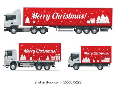 Christmas and New Year Delivery Truck. Christmas Shopping and Winter Holiday. Logistics and Delivery concept. Delivery home and office. City logistics.