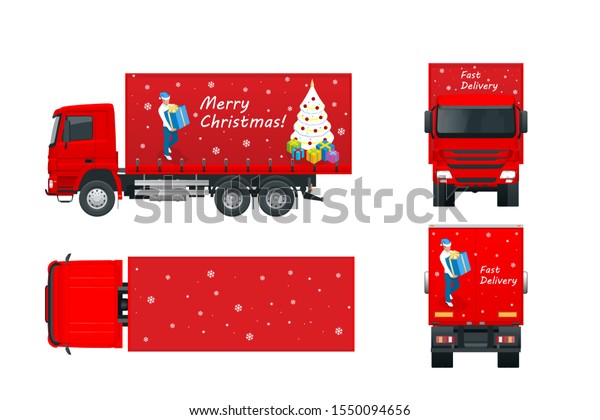Christmas and New Year Delivery Truck.\
Christmas Shopping and Winter Holiday. Logistics and Delivery\
concept. Delivery home and office. City\
logistics.