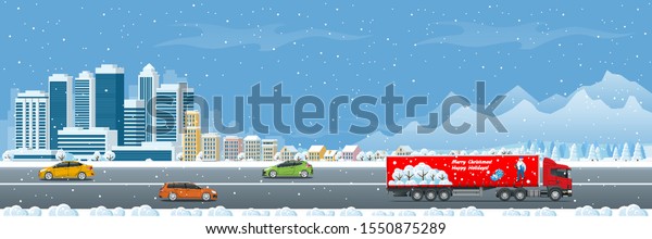 Christmas and New Year Delivery Truck.\
Christmas Shopping and Winter Holiday. Logistics and Delivery\
concept. Delivery home and office. City\
logistics.
