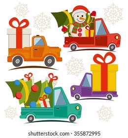 Christmas and New Year delivery vans with christmas tree, gifts and snowman in santa claus hat  in Xmas eve. Template vector concept with trucks and snowflakes on white
