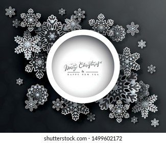 Christmas and New Year design with 3d transparent openwork snowflakes and space for text on black background. Elegant horizontal postcard in paper cut style. Vector illustration