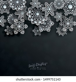 Christmas and New Year design with 3d transparent openwork snowflakes and space for text on black background. Elegant horizontal postcard in paper cut style. Vector illustration