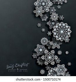 Christmas and New Year design with 3d transparent openwork snowflakes and space for text on black background. Elegant card in papercut style. Vector illustration