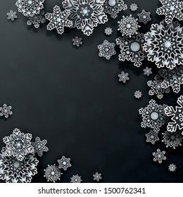Christmas and New Year design with 3d transparent white snowflakes and space for text on black background. Elegant card in papercut style. Vector illustration