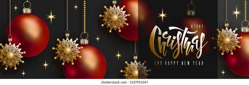 Christmas and New Year design. 3D red balls and golden snowflakes hang on gold chains, hand handwritten lettering inscription Christmas on black background. Vector horizontal banner EPS10