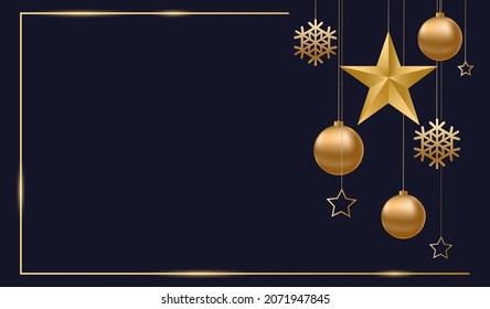 Christmas and New Year design card with decorations of golden hanging balls, confetti, snowflakes, stars. Celebration cover, template, party poster or flyer. Vector illustration. EPS 10