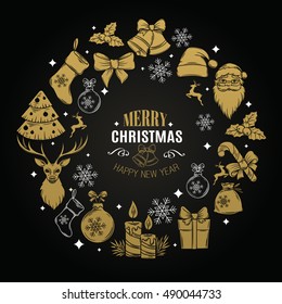 Christmas and New Year Design with decorative icons.