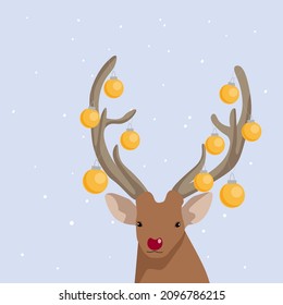 Christmas and New Year design deer head with Christmas toys on the horns. Winter holiday postcard.