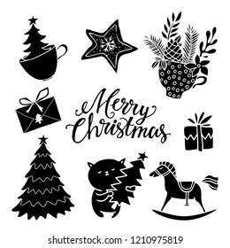 Christmas, New Year design elements. Hand drawn isolated on white background set. Handwritten font, lettering