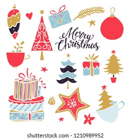 Christmas, New Year design elements. Hand drawn isolated on white background set. Handwritten font