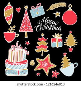 Christmas, New Year design elements. Hand drawn isolated on black background set. Handwritten font