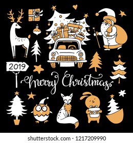 Christmas, New Year design elements. Hand drawn isolated on black background set. Merry Christmas handwritten font