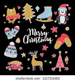 Christmas, New Year design elements. Hand drawn isolated on black background set. Handwritten font, lettering