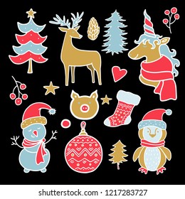 Christmas, New Year design elements. Hand drawn isolated on black background