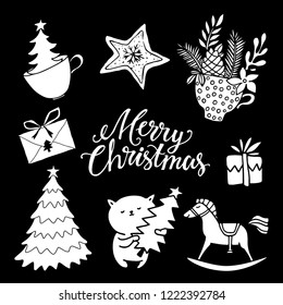 Christmas, New Year design elements. Hand drawn isolated on black background set. Handwritten font, lettering