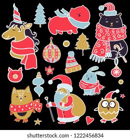 Christmas, New Year design elements set. Hand drawn isolated on black background