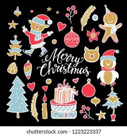 Christmas, New Year design elements. Hand drawn isolated on black background set. Handwritten font