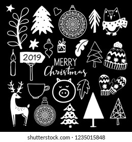 Christmas, New Year design elements. Hand drawn isolated on black background