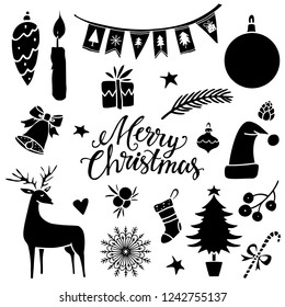 Christmas, New Year design elements. Hand drawn isolated on white background set. Handwritten font, lettering