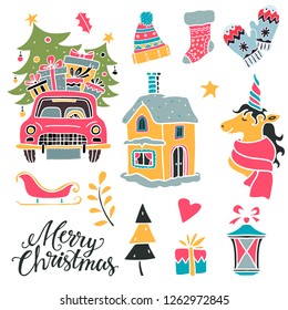 Christmas, New Year design elements. Winter set. Hand drawn isolated on white background
