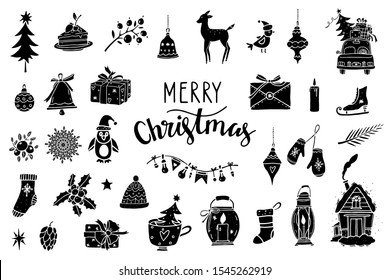 Christmas, New Year design elements. Hand drawn isolated on white background set. Handwritten font