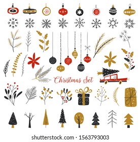 Christmas, New Year design elements. Hand drawn isolated on white background set. Set of winter icons. Set of christmas glass toys. Hand drawn snowflakes silhouettes.