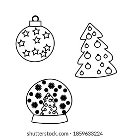 Christmas, New Year design elements. Christmas tree, snow globe, Christmas tree toy. Hand drawn set isolated on white background. Black and white.