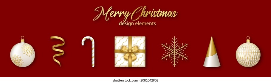 Elementos de diseño de Navidad y Año Nuevo. Conjunto de formas realistas en 3d de oro y blanco. Ilustración vectorial.
