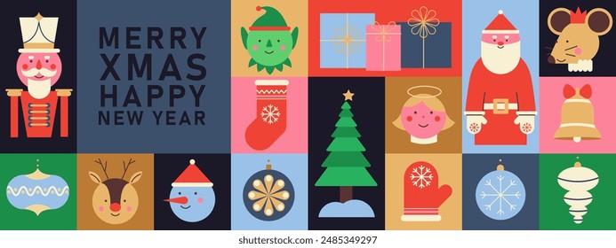 Christmas and New Year design elements in modern minimalist geometric style. Bright colorful vector illustration in flat cartoon style.  Cute holiday characters, decoration, gifts, trees, baubles.