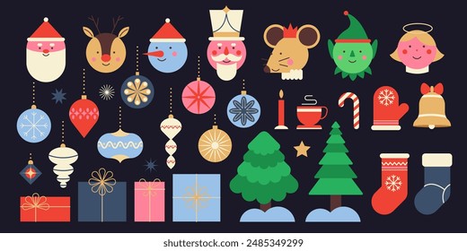 Christmas and New Year design elements in modern minimalist geometric style. Bright colorful vector illustration in flat cartoon style.  Cute holiday characters, decoration, gifts, trees, baubles.