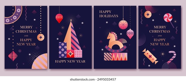 Christmas and New Year design elements in minimalist geometric style. Bright colorful flat cartoon vector illustration.  Cute holiday characters, decoration, gifts, tree, baubles. Card, banner, flyer.