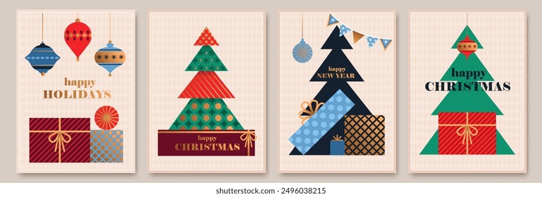 Christmas and New Year design elements in minimalist geometric style. Bright colorful flat retro vector illustration.  Chic holiday decoration, gifts, tree, baubles. Card, banner, flyer.