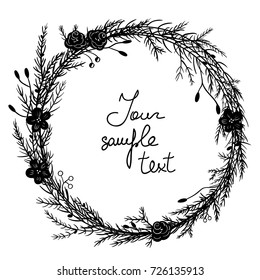 Christmas and New Year design elements. Vector realistic round wreath of fir branches, pine cones and flowers, isolated on white background.Can be printed and used as greeting card, invitation, poster